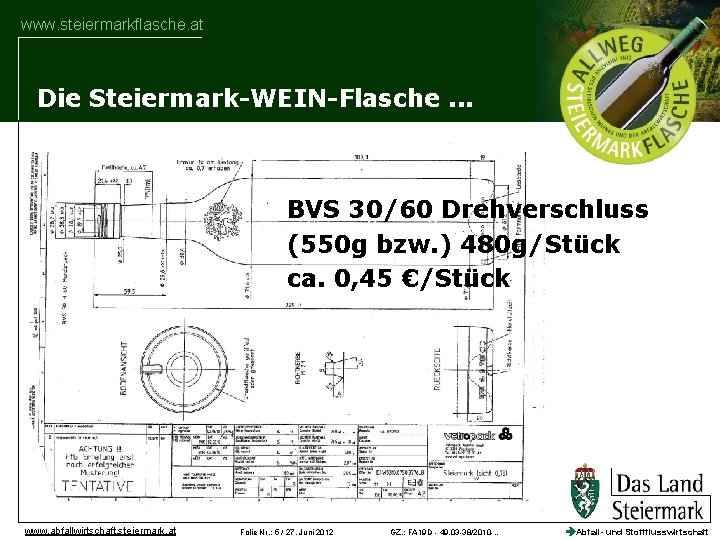 www. steiermarkflasche. at Die Steiermark-WEIN-Flasche. . . BVS 30/60 Drehverschluss (550 g bzw. )