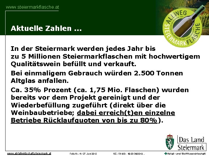 www. steiermarkflasche. at Aktuelle Zahlen. . . In der Steiermark werden jedes Jahr bis