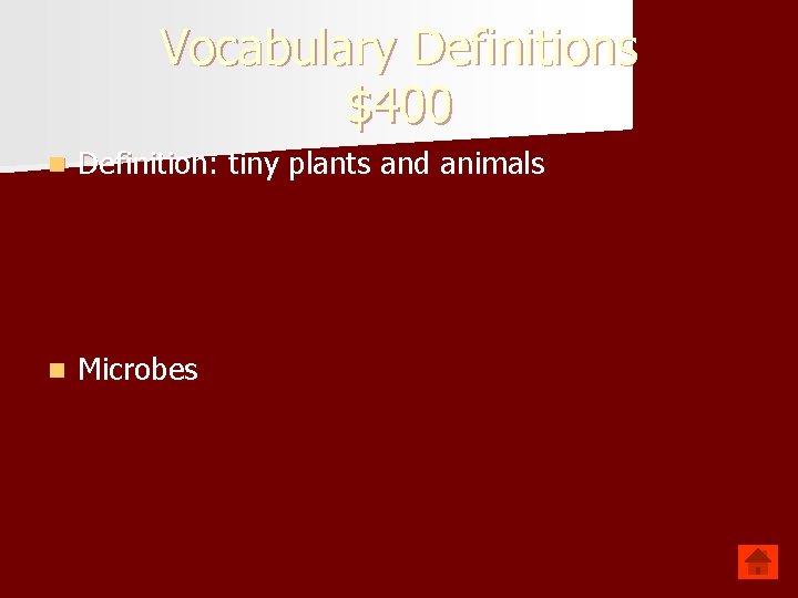 Vocabulary Definitions $400 n Definition: tiny plants and animals n Microbes 