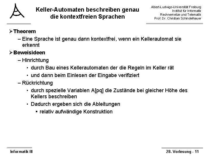 Keller-Automaten beschreiben genau die kontextfreien Sprachen Albert-Ludwigs-Universität Freiburg Institut für Informatik Rechnernetze und Telematik