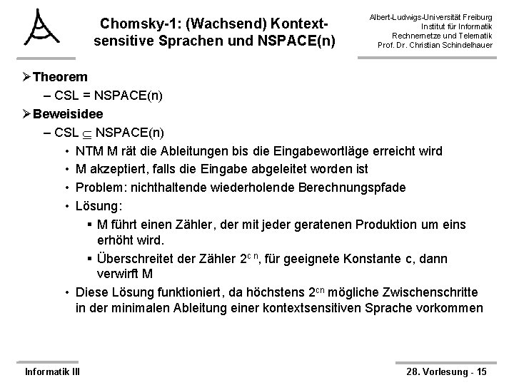 Chomsky-1: (Wachsend) Kontextsensitive Sprachen und NSPACE(n) Albert-Ludwigs-Universität Freiburg Institut für Informatik Rechnernetze und Telematik