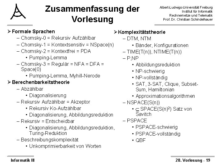 Zusammenfassung der Vorlesung Albert-Ludwigs-Universität Freiburg Institut für Informatik Rechnernetze und Telematik Prof. Dr. Christian