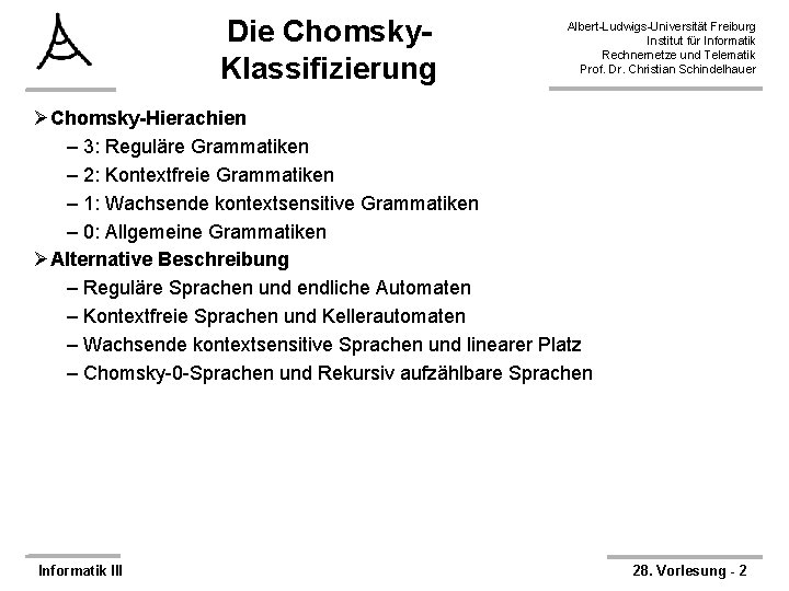 Die Chomsky. Klassifizierung Albert-Ludwigs-Universität Freiburg Institut für Informatik Rechnernetze und Telematik Prof. Dr. Christian