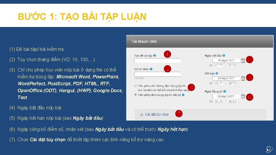 BƯỚC 1: TẠO BÀI TẬP LUẬN (1) Đề bài tập/ bài kiểm tra (2)