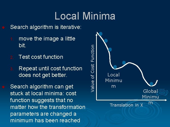 Local Minima l Search algorithm is iterative: 1. move the image a little bit.