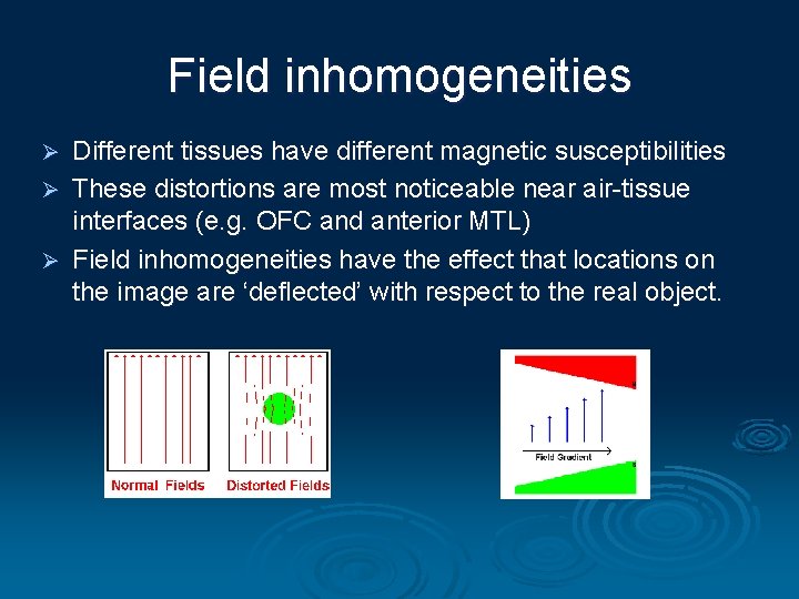 Field inhomogeneities Different tissues have different magnetic susceptibilities Ø These distortions are most noticeable