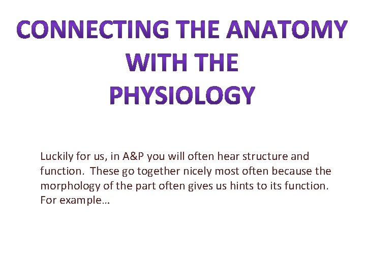 Luckily for us, in A&P you will often hear structure and function. These go