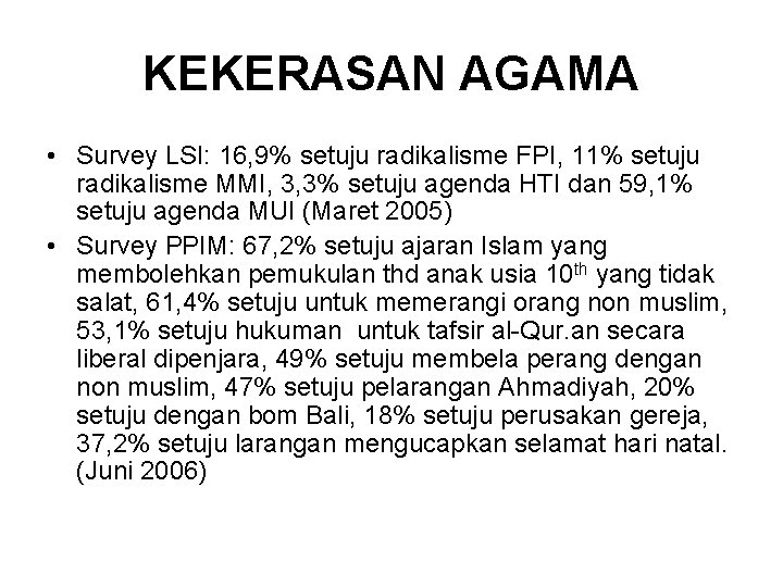 KEKERASAN AGAMA • Survey LSI: 16, 9% setuju radikalisme FPI, 11% setuju radikalisme MMI,