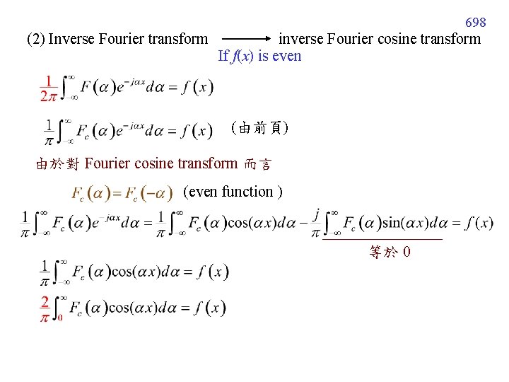 698 (2) Inverse Fourier transform inverse Fourier cosine transform If f(x) is even (由前頁)
