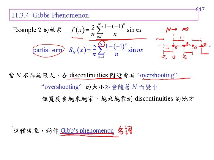 11. 3. 4 Gibbs Phenomenon Example 2 的結果 partial sum 當 N 不為無限大，在 discontinuities