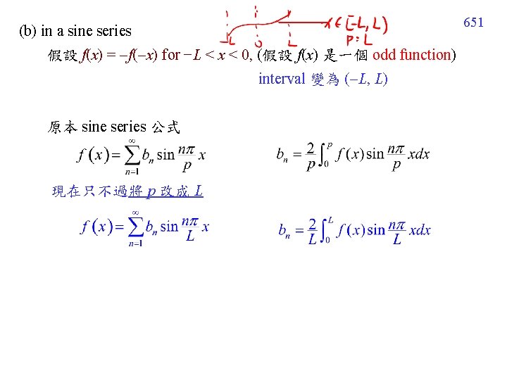 651 (b) in a sine series 假設 f(x) = f( x) for −L <