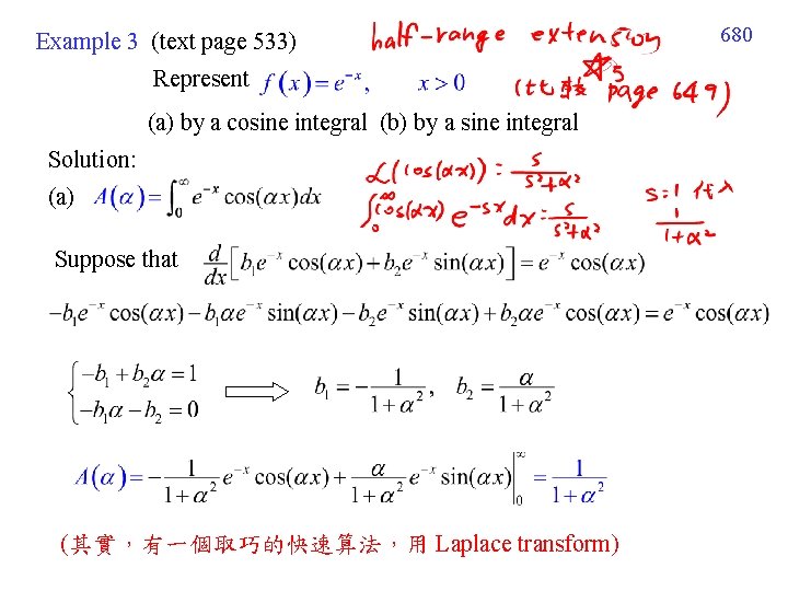 Example 3 (text page 533) Represent (a) by a cosine integral (b) by a