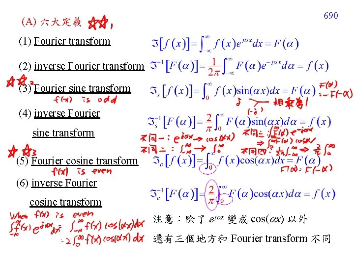 690 (A) 六大定義 (1) Fourier transform (2) inverse Fourier transform (3) Fourier sine transform