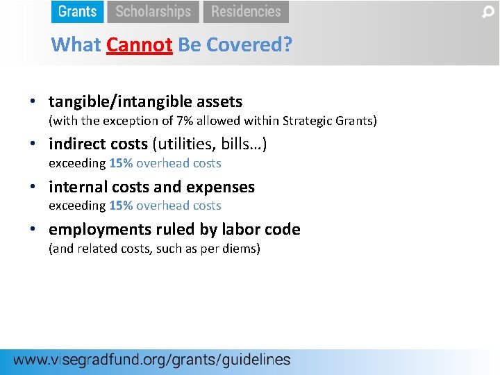 What Cannot Be Covered? • tangible/intangible assets (with the exception of 7% allowed within