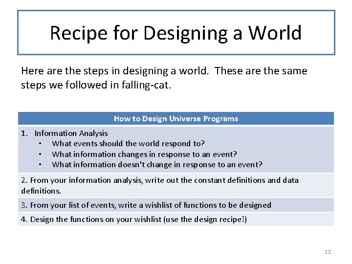 Recipe for Designing a World Here are the steps in designing a world. These