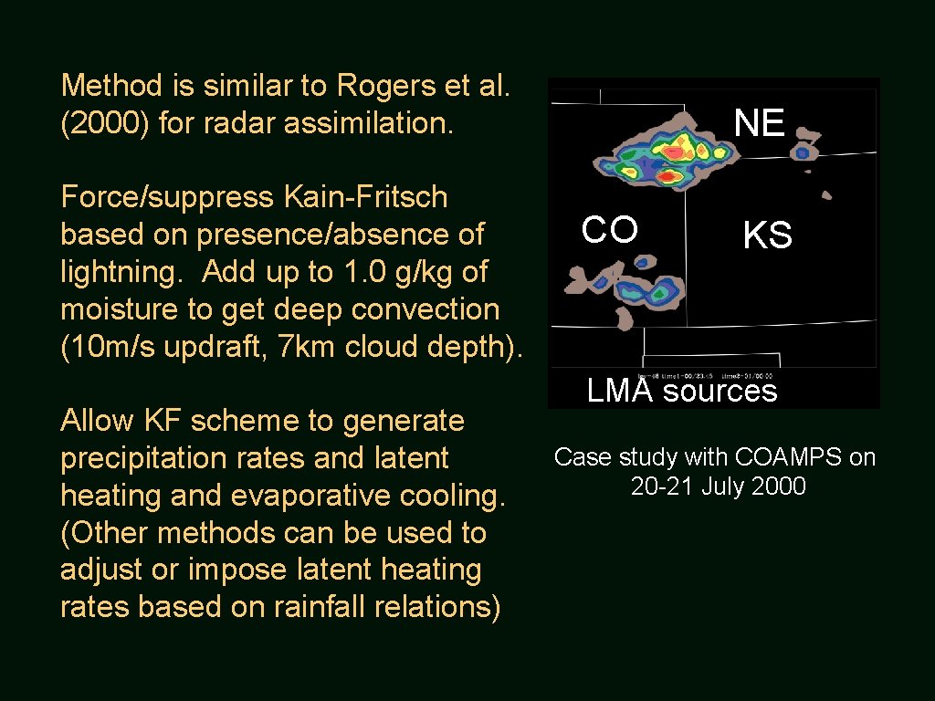 Method is similar to Rogers et al. (2000) for radar assimilation. Force/suppress Kain-Fritsch based