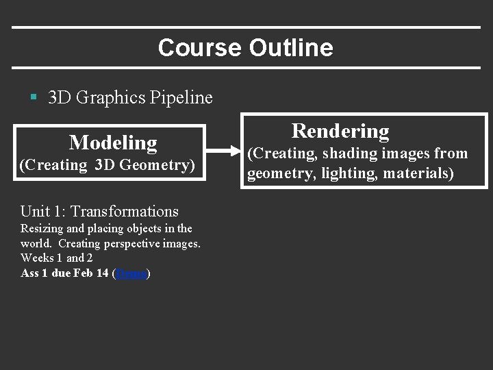 Course Outline § 3 D Graphics Pipeline Modeling (Creating 3 D Geometry) Unit 1: