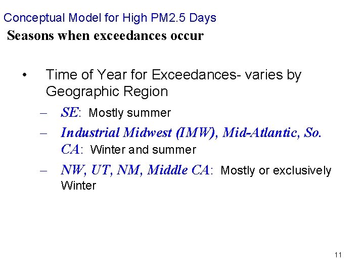 Conceptual Model for High PM 2. 5 Days Seasons when exceedances occur • Time