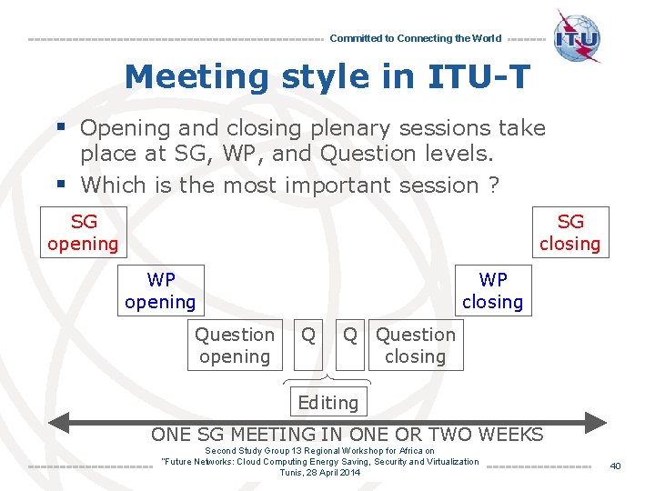 Committed to Connecting the World Meeting style in ITU-T § Opening and closing plenary