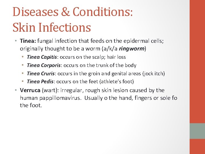 Diseases & Conditions: Skin Infections • Tinea: fungal infection that feeds on the epidermal