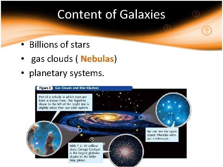 Content of Galaxies • Billions of stars • gas clouds ( Nebulas) • planetary