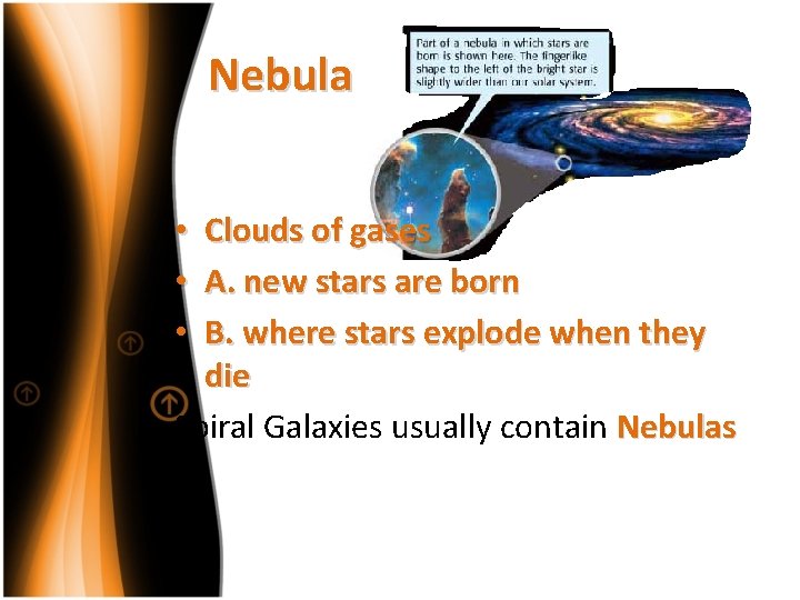 Nebula Clouds of gases A. new stars are born B. where stars explode when