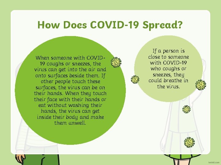 How Does COVID-19 Spread? When someone with COVID 19 coughs or sneezes, the virus