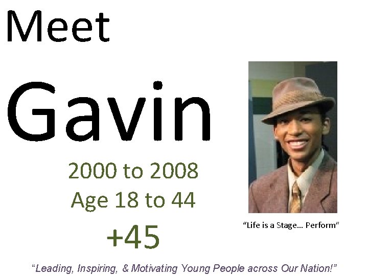 Meet Gavin 2000 to 2008 Age 18 to 44 +45 “Life is a Stage…