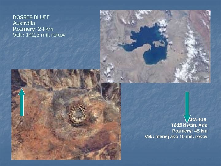 BOSSES BLUFF Austrália Rozmery: 24 km Vek: 142, 5 mil. rokov KARA-KUL Tádžikistán, Ázia