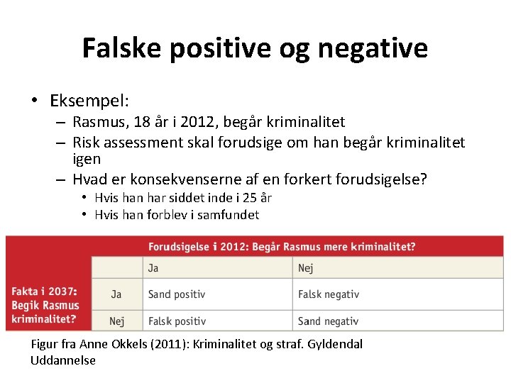 Falske positive og negative • Eksempel: – Rasmus, 18 år i 2012, begår kriminalitet