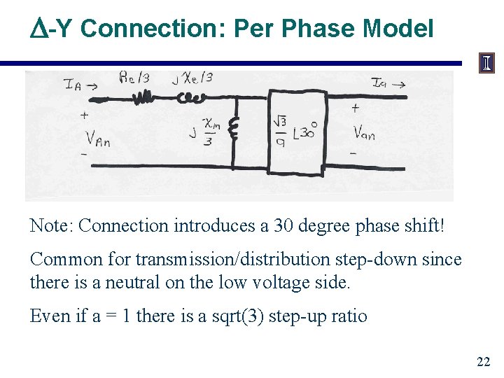 D-Y Connection: Per Phase Model Note: Connection introduces a 30 degree phase shift! Common