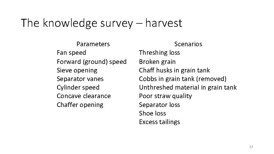 The knowledge survey – harvest Parameters Fan speed Forward (ground) speed Sieve opening Separator