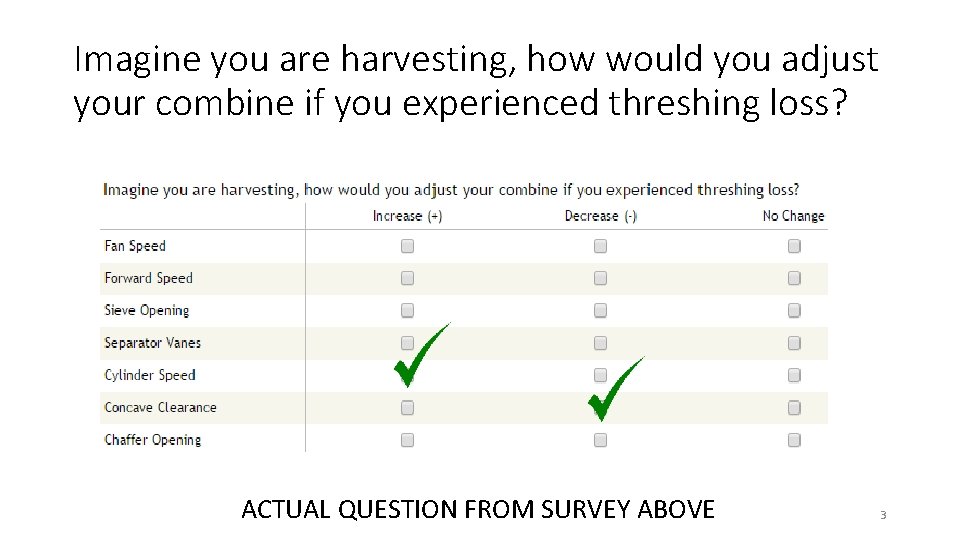 Imagine you are harvesting, how would you adjust your combine if you experienced threshing