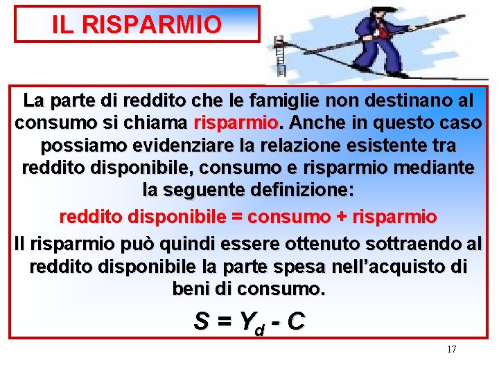 IL RISPARMIO La parte di reddito che le famiglie non destinano al consumo si