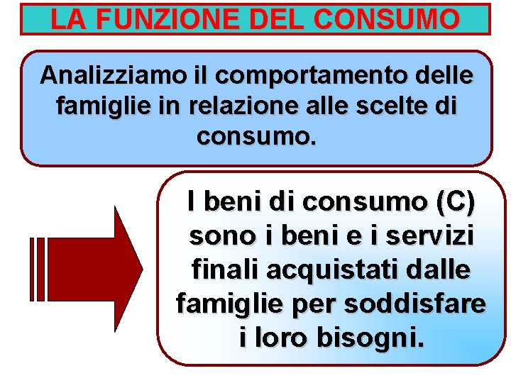 LA FUNZIONE DEL CONSUMO Analizziamo il comportamento delle famiglie in relazione alle scelte di