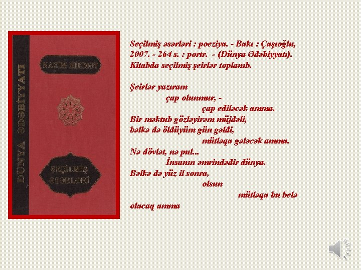 Seçilmiş əsərləri : poeziya. - Bakı : Çaşıoğlu, 2007. - 264 s. : portr.