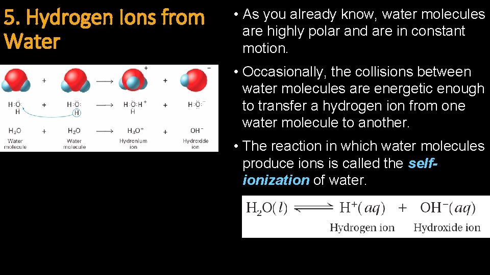 5. Hydrogen Ions from Water • As you already know, water molecules are highly