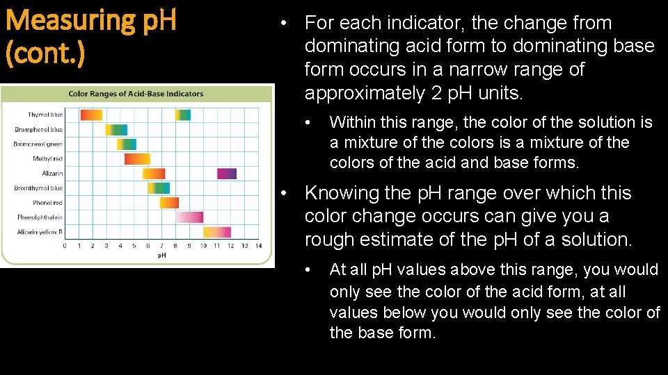 Measuring p. H (cont. ) • For each indicator, the change from dominating acid