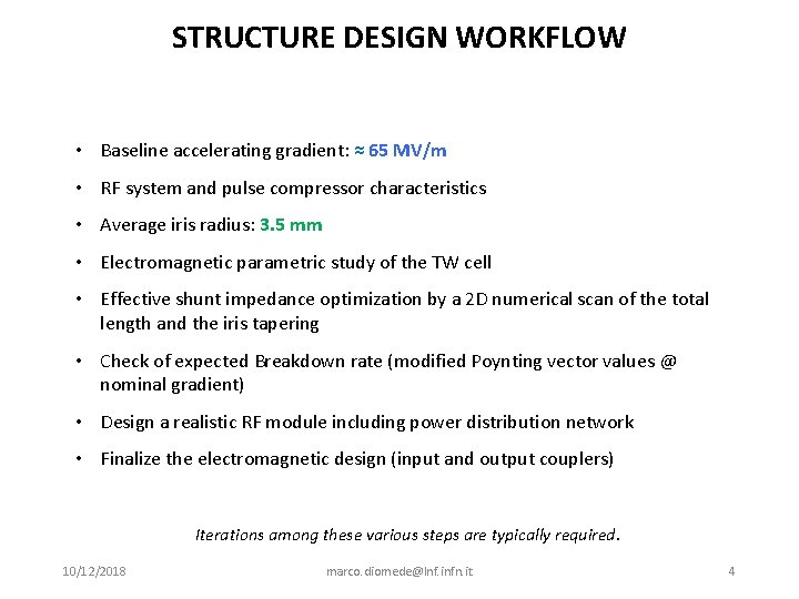STRUCTURE DESIGN WORKFLOW • Baseline accelerating gradient: ≈ 65 MV/m • RF system and