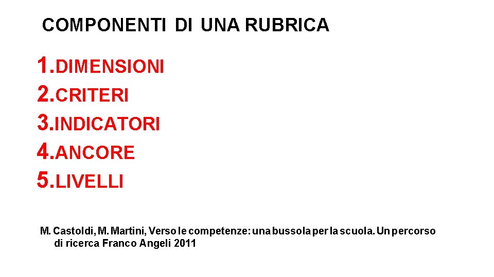 COMPONENTI DI UNA RUBRICA 1. DIMENSIONI 2. CRITERI 3. INDICATORI 4. ANCORE 5. LIVELLI