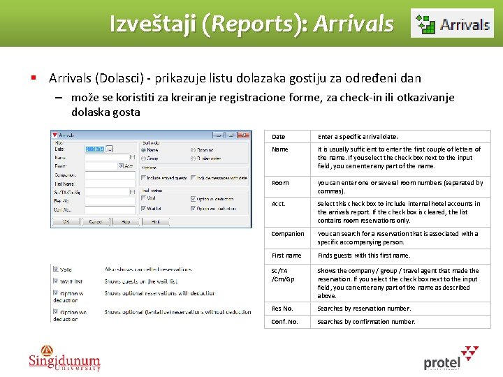 Izveštaji (Reports): Arrivals § Arrivals (Dolasci) - prikazuje listu dolazaka gostiju za određeni dan