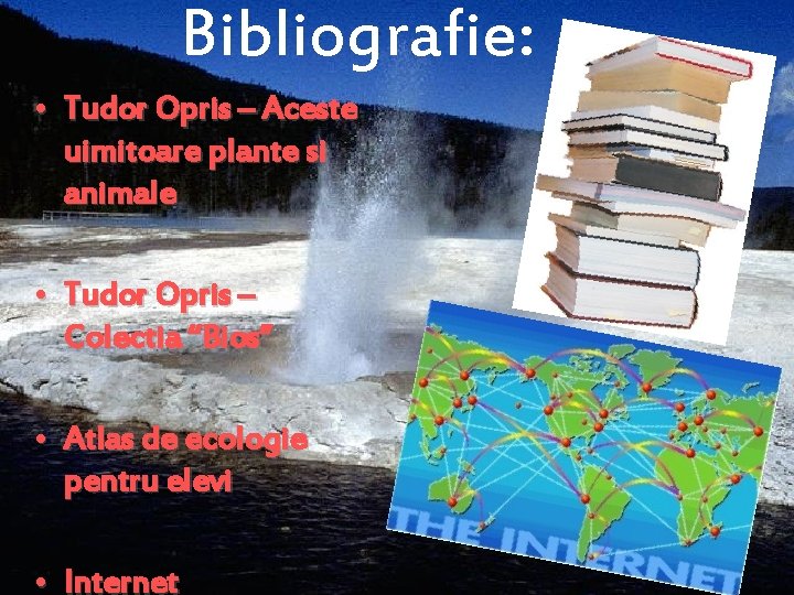 Bibliografie: • Tudor Opris – Aceste uimitoare plante si animale • Tudor Opris –