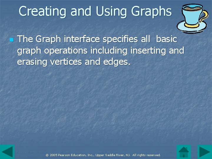 Creating and Using Graphs n The Graph interface specifies all basic graph operations including