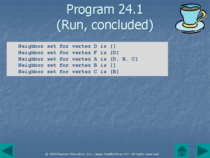 Program 24. 1 (Run, concluded) Neighbor Neighbor set set set for for for vertex