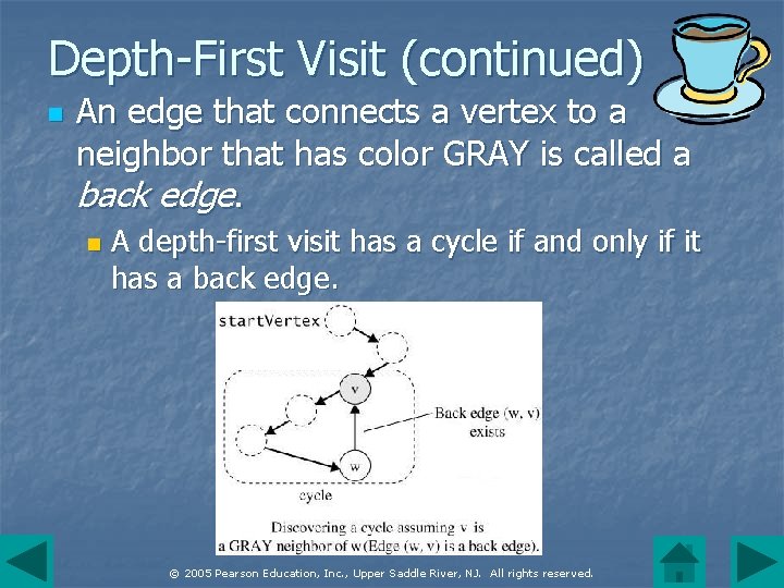 Depth-First Visit (continued) n An edge that connects a vertex to a neighbor that