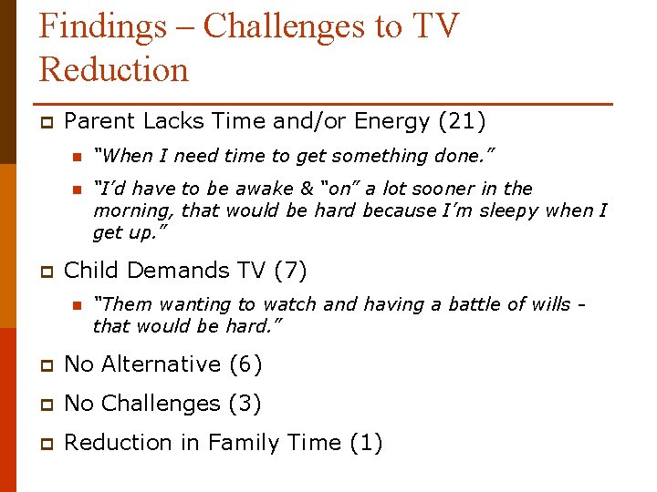 Findings – Challenges to TV Reduction p p Parent Lacks Time and/or Energy (21)