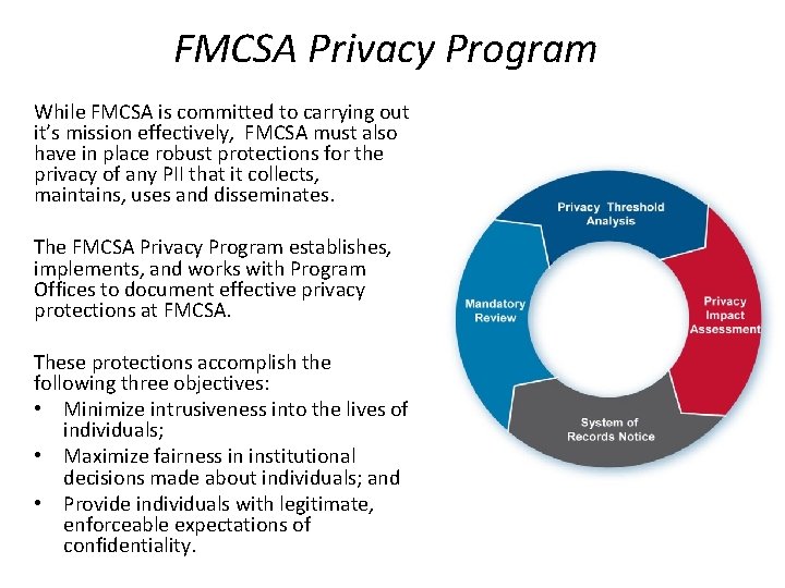 FMCSA Privacy Program While FMCSA is committed to carrying out it’s mission effectively, FMCSA