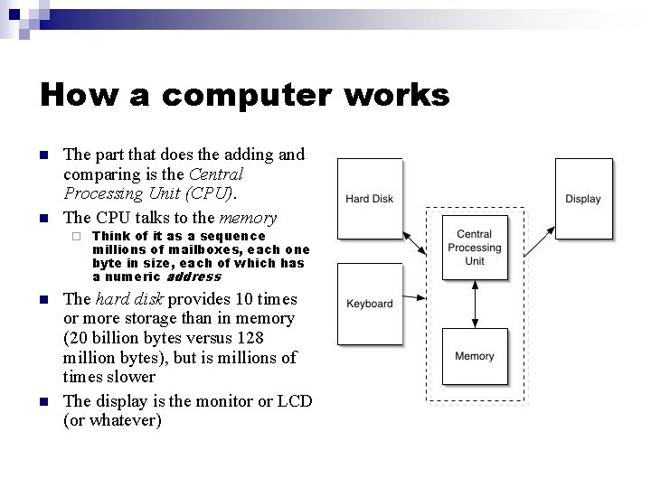 How a computer works n n The part that does the adding and comparing