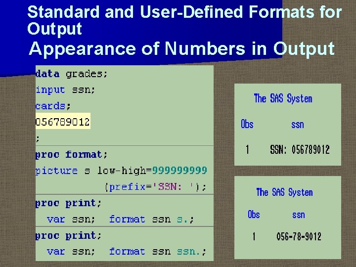 Standard and User-Defined Formats for Output Appearance of Numbers in Output 