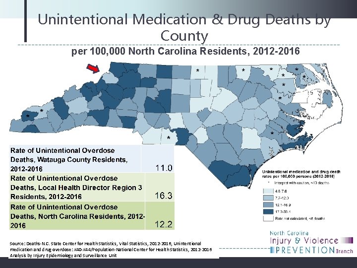 Unintentional Medication & Drug Deaths by County per 100, 000 North Carolina Residents, 2012